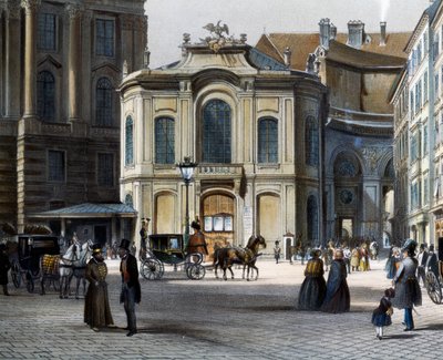 Burgtheater in Wenen Michaelerplatz met Winterreitschule aan de rechterkant, door Tranquillo Mollo, gekleurde gravure, Oostenrijk door Tranquillo Mollo