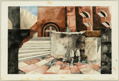 Toneelontwerp voor de tragedie Die Nibelungen door Friedrich Hebbel, ca. 1934 door Traugott Müller