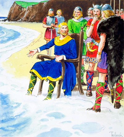 Koning Canute die er niet in slaagt de golven tegen te houden door Trelleek
