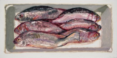 Viskrat 1 (Billingsgate, Londen), 2016 (olieverf op board) door Trevor Burgess