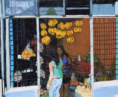 Fruitkraam (San José, Costa Rica), 2016 (olieverf op board) door Trevor Burgess