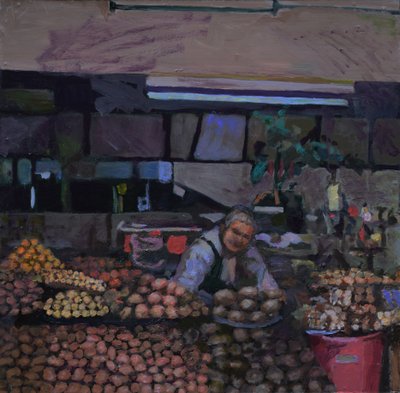 Aardappelkraam (Quito, Ecuador), 2015 (olieverf op board) door Trevor Burgess
