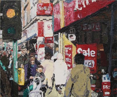 Verkoop, 2003 (olieverf op board) door Trevor Burgess