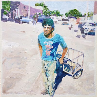 Trolley man (San Juan, Argentinië), 2014 (olieverf op board) door Trevor Burgess