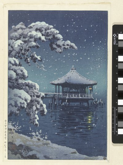 Het drijvende paviljoen te Katada in de sneeuw door Tsuchiya Kōitsu