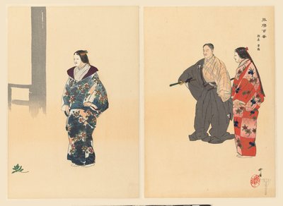 Acteurs uit het Noh theaterstuk Tomonaga door Tsukioka Kogyo