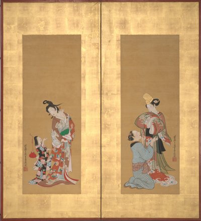 Shirabyoshi danseres en vrouwelijke dienaar, courtisane en meisje bediende, midden 18e eeuw door Tsukioka Masanobu