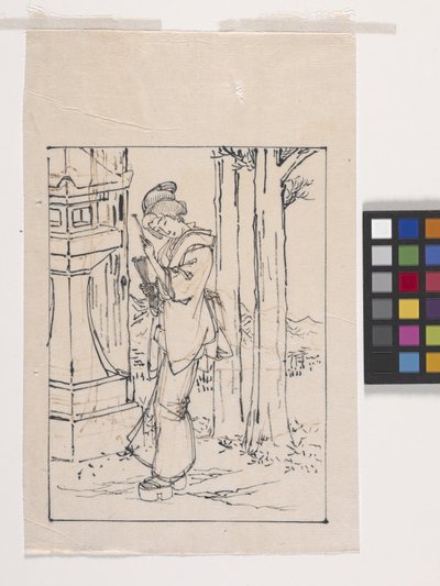 Tekening van een jonge vrouw die bij een stenen lantaarn staat door Tsukioka Yoshitoshi