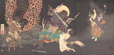 Fudo Myoo bedreigt een novice, 1885 door Tsukioka Yoshitoshi