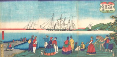 Illustratie van een grote Franse haven die handel drijft met vele naties Furansukoku oomi, 4e maand, 1866 door Tsukioka Yoshitoshi