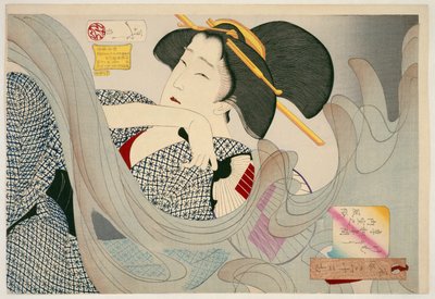 Ziet er rokerig uit. Een huisvrouw uit het Kyowa-tijdperk Kemuso Kyowa nenkan naishitsu no fuzoku, 1880 door Tsukioka Yoshitoshi