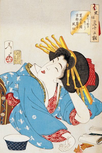 Moment van ontspanning, gezicht van Kansei periode Geisha uit Kyoto, illustratie door Tsukioka Yoshitoshi uit Tweeëndertig aspecten van gewoonten en gebruiken (houtsnede) door Tsukioka Yoshitoshi