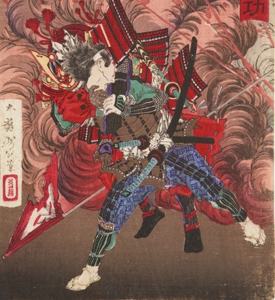 Okubo Hikozaemon redt Tokugawa Ieyasu op het slagveld, 1881 (houtsnede) door Tsukioka Yoshitoshi