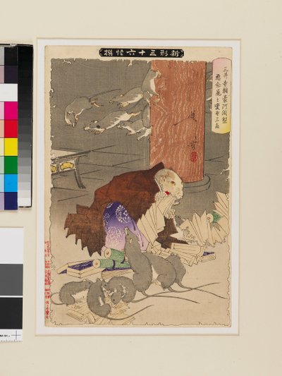 Priester Raigō van Miidera door slechte gedachten veranderd in een rat door Tsukioka Yoshitoshi