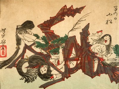 Ziehen von Kieferntrieben am Tag der Ratte door Tsukioka Yoshitoshi