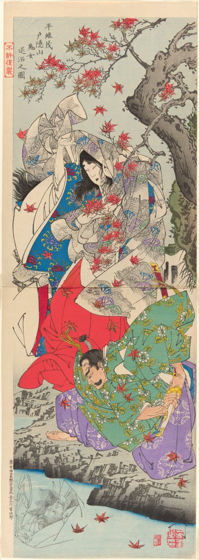 Taira Koremochi Verslaat de Duivelvrouw op de Berg Togakushi (Taira no Koremochi Togakushiyama kijo taiji no zu) door Tsukioka Yoshitoshi