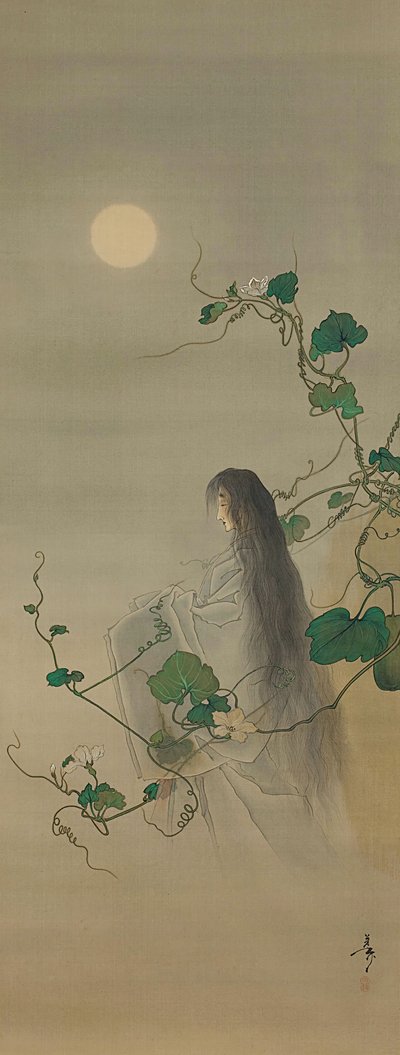 De geest van de overleden Yugao verstrengeld in maanbloemranken door Tsukioka Yoshitoshi