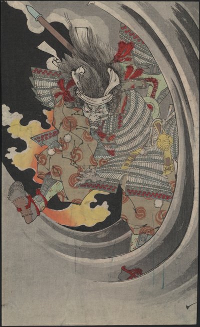 De geest van generaal Taira no Tomomori die door de golven breekt bij de Nunobiki-waterval door Tsukioka Yoshitoshi