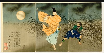 Drieluik van "Fujiwara No Yasumasa die Fluit Speelt bij Maanlicht" door Tsukioka Yoshitoshi