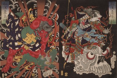 Krijger op schedel en Kintoki overwint een demon, uit de serie Moed in China en Japan door Tsukioka Yoshitoshi