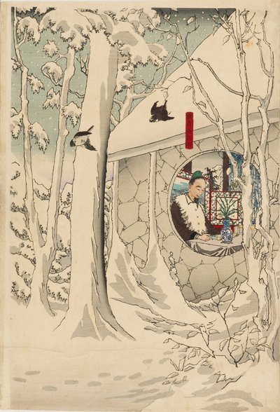 Houtsnede drieluik - Gentoku bezoekt komei in zijn toevluchtsoord, in een sneeuwstorm, eind 19e eeuw door Tsukioka Yoshitoshi
