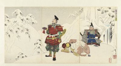 Uiteengaan van Yoshitsune en Shizuka gozen in de Yoshino-bergen, 1892 door Tsukioka Yoshitoshi