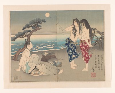 Yukihira Ason op het strand met de duiksters Murasame en Matsukaze door Tsukioka Yoshitoshi