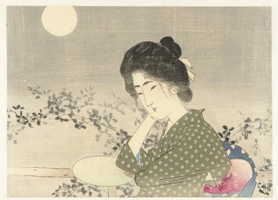 Vrouw met een waaier bij maanlicht door Tsutsui Toshimine