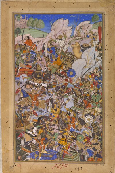 De Slag voor de Inname van het Fort bij Bundi, Rajasthan, in 1577, 1592-1594 door Tulsi Kalan