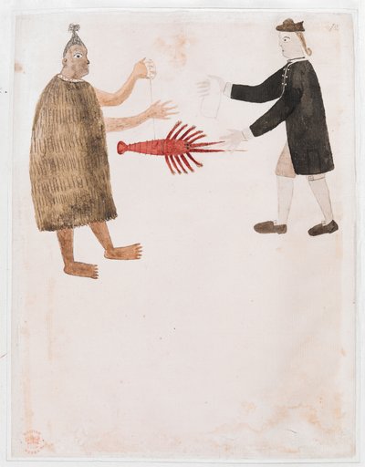 Add MS 15508 [Tekening nr.12] Een Maori die een kreeft ruilt met een Engelse marineofficier, 