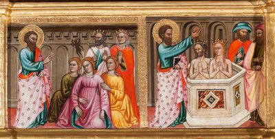 Predella met het leven van St. Bartholomeus, exorcismen en dopen, detail uit Maagd en kind omringd door engelen en heiligen door Turino Vanni