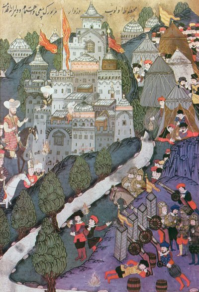 Slag bij Nicopolis, 25-28 september 1396, facsimile van een miniatuur bewaard in het Topkapi Museum in Istanbul door Turkish School