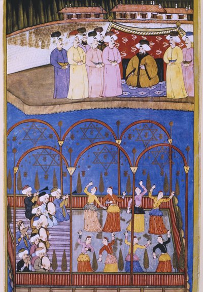 Dansers en muzikanten voor de sultan en zijn hof, uit Sur-Nama door Turkish School