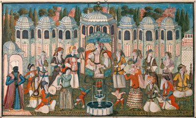 Feest voor de Valide Sultana met de aanwezigheid van Madame Girardin, de Franse ambassadeur (wc & gouache op papier) door Turkish School