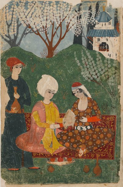 Folio uit een onbekende tekst; recto: Prins en Prinses zittend op een tapijt, Istanbul, ca. 1700-25 door Turkish School