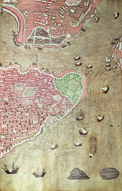 H 1523 fol.159v Uitzicht op het Topkapi-paleis en de Bosporus, Istanbul, uit de Hunername door Lokman, 1558 door Turkish School
