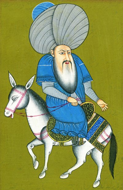 Nasreddin Hodja rijdt achterstevoren op zijn paard door Turkish School