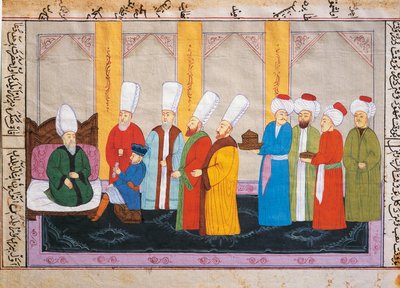 Ottomaanse miniatuur die een Europese ambassadeur aan het hof van het Topkapi-paleis toont, manuscript, Turkije door Turkish School
