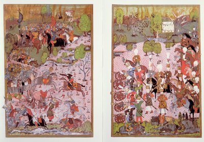 De Slag bij Mohács, tussen de Turken en Hongaren, 1526, facsimile van een miniatuur bewaard in het Topkapi Museum in Istanbul door Turkish School