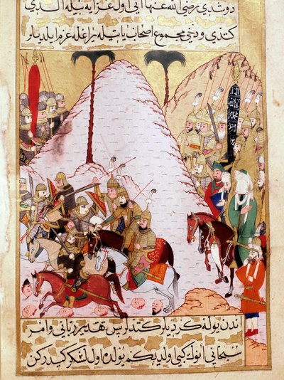 De Profeet Mohammed (570-632) (gezicht bedekt) tijdens het beleg van Mekka Turkse Miniatuur uit de 18e eeuw Topkapi Paleis Istanboel Turkije door Turkish School