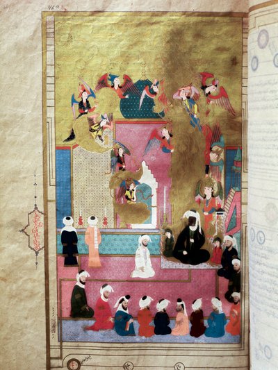 De profeet Mohammed (Mohammed of Mohammed) (570-632) (bedekt gezicht) tijdens de Mirac, zijn opstijging naar de zevende hemel Miniatuur uit het manuscript 
