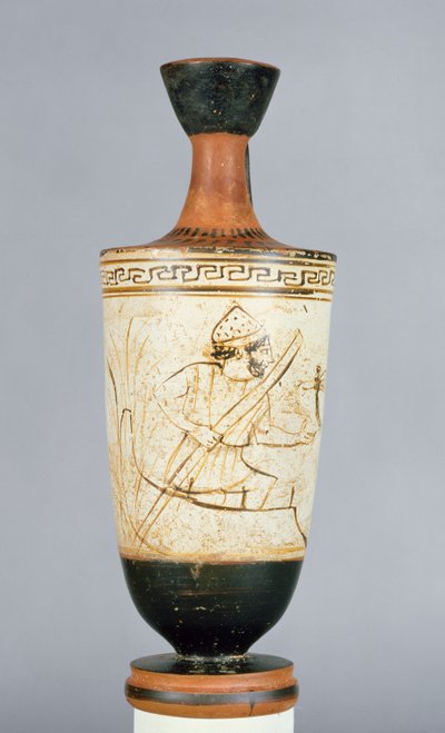 Attische wit-grond lekythos versierd met Charon, de veerman van de Onderwereld die de ziel van een dode ontvangt, uit Athene, ca. 475-425 v.Chr. door Tymbos Painter