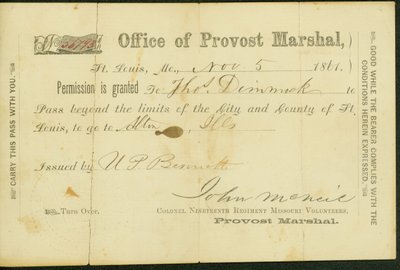 Militaire pas van Thomas Dimmock, ondertekend U.P Bennett, 5 november 1861 door U. P. Bennett