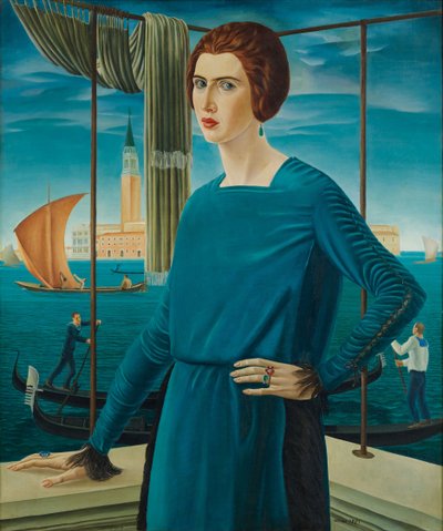 De vrouw van de kunstenaar met Venetië op de achtergrond, 1921 door Ubaldo Oppi