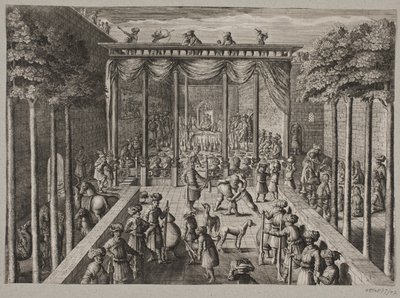 Banket in een oosterse tuin. Vooraan schutters en mannen in een worstelwedstrijd door Ubekendt