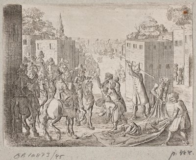 Dode(?) oosterling wordt in een doek gewikkeld in aanwezigheid van een Europees gezelschap te paard door Ubekendt