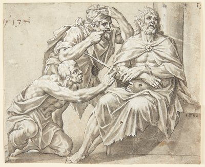 De zittende doornengekroonde Christus wordt bespot door twee beulen, de ene staand, de andere knielend links door Ubekendt