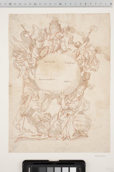 Diverse figuren, waaronder de Markus-leeuw, een doge en een vrouw, naast wie een globe te zien is, ondersteunt een grote globe, verdeeld in vier velden, gekenmerkt door inscripties zoals "America Sett.", "America meridionale", "Asiaeropa" en "Africa". Bove door Ubekendt