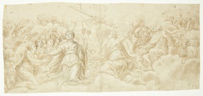 Een verzameling heiligen op wolken, allemaal omhoog kijkend. Waarschijnlijk het onderste register in een hemel van het laatste oordeel. Centraal geplaatst zijn de Heilige Catharina van Alexandrië en Ursula, de laatste omringd door enkele van haar maagden door Ubekendt