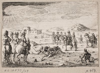 Europese ruiters in een open landschap. Op de achtergrond een karavanserai door Ubekendt